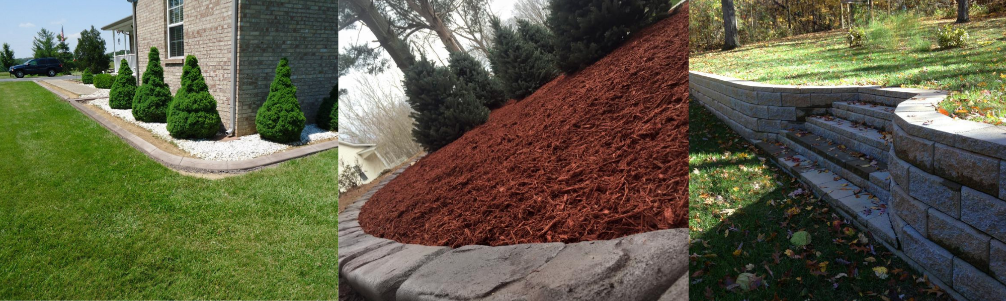 two retaining walls and up-close detail of red mulch